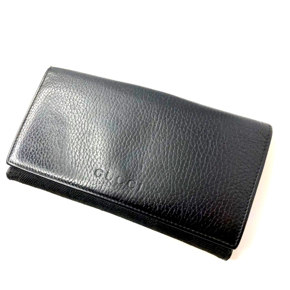 GUCCI VINTAGE GUCCISSIMA GG CANVAS LEATHER LONG WALLET BLACK